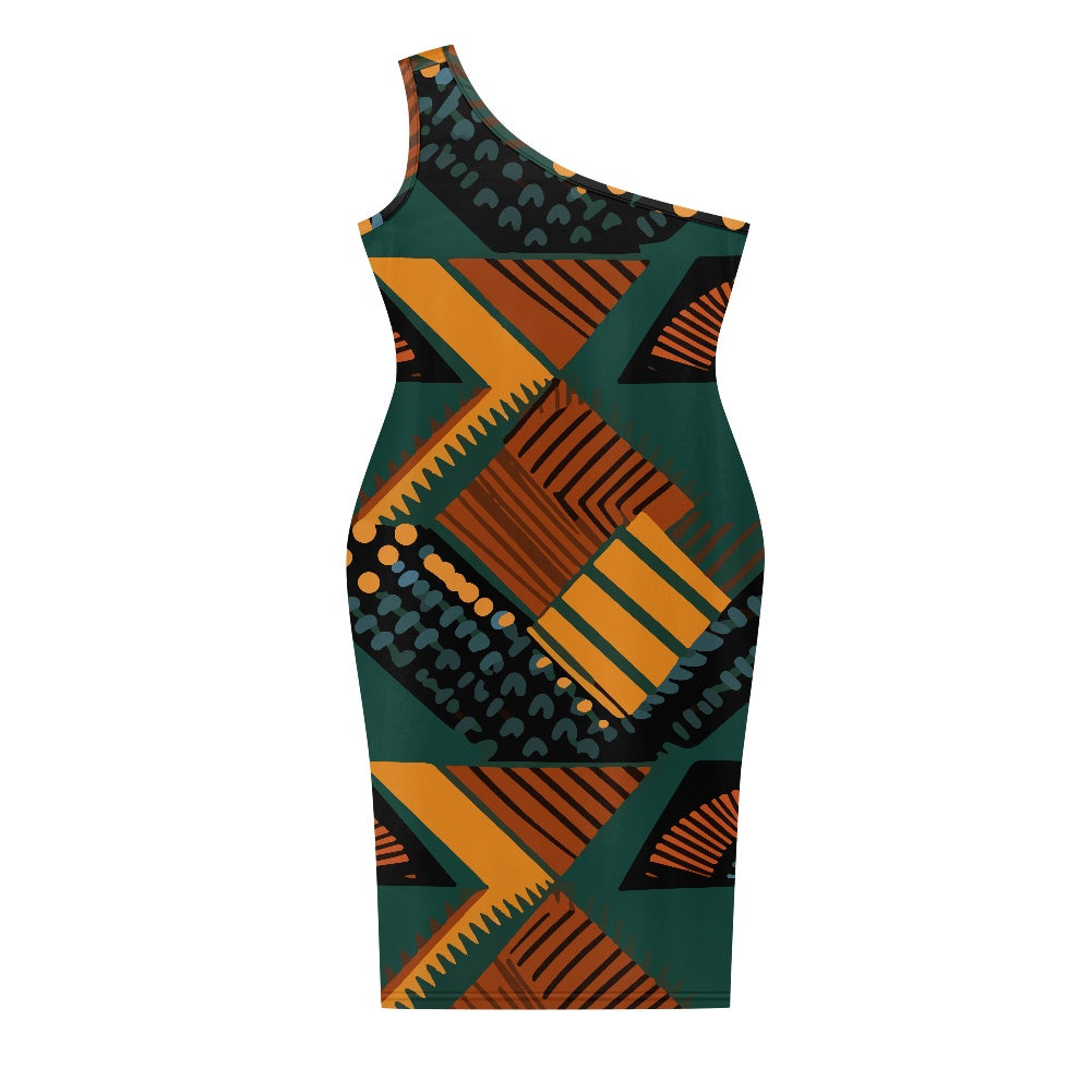 Discover Elegance: Luxtrini's One-Shoulder Slim Dress - Ethnic Abstract white