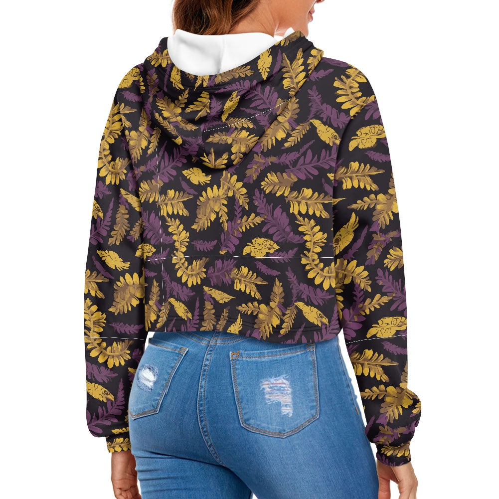 Women's midriff-baring sweatshirt - Purple & Gold Tropical