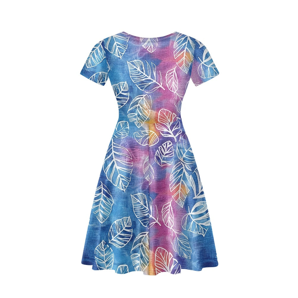 Blue and Purple Leaves Women V-Neck Short Sleeve Ruffle Dress