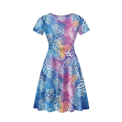 Blue and Purple Leaves Women V-Neck Short Sleeve Ruffle Dress