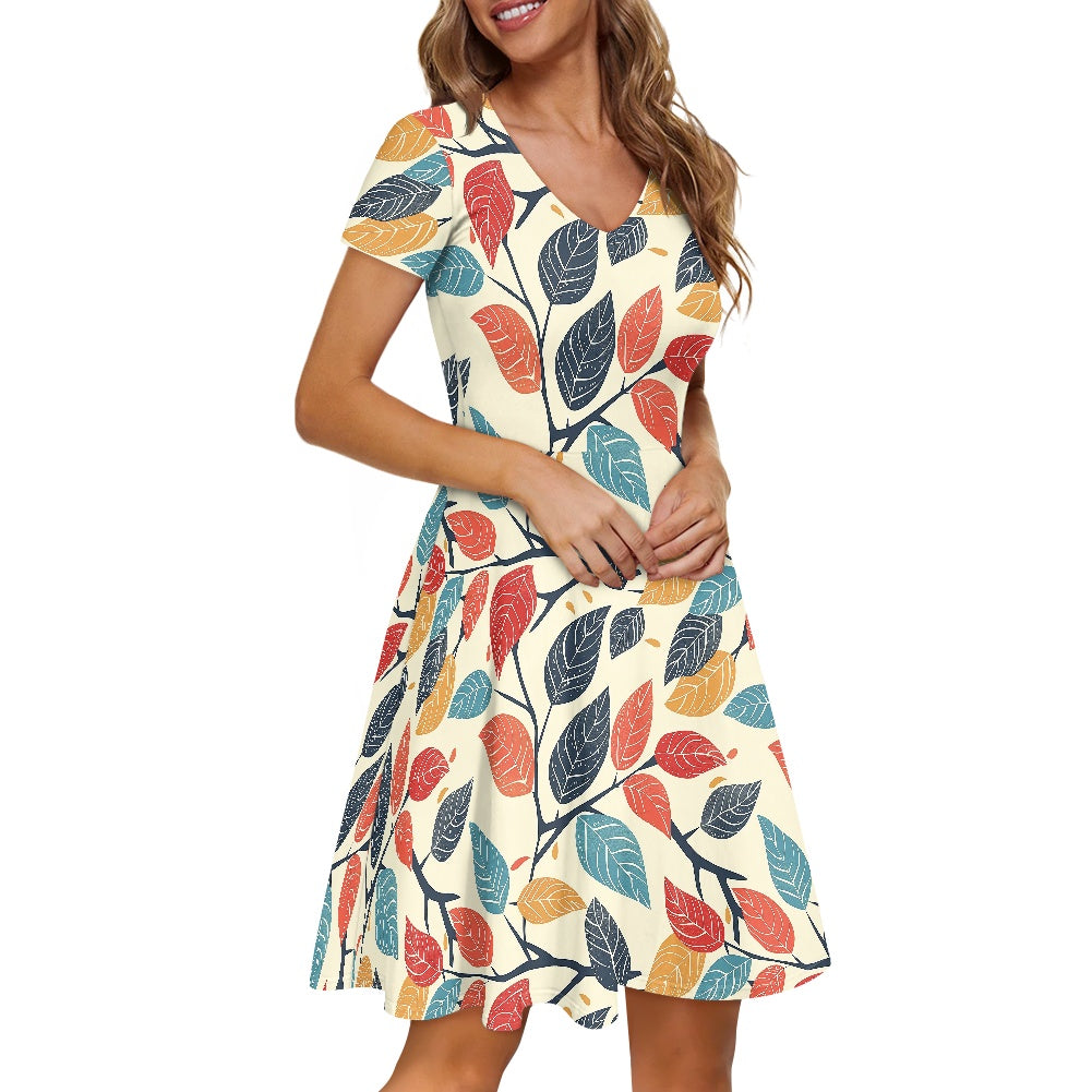 Colored Leaves Women V-Neck Short Sleeve Ruffle Dress