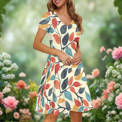 Colored Leaves Women V-Neck Short Sleeve Ruffle Dress