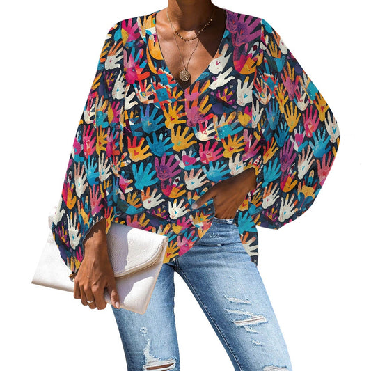 V-Neck Chiffon Puff Sleeve Blouse by Luxtrini 4XL