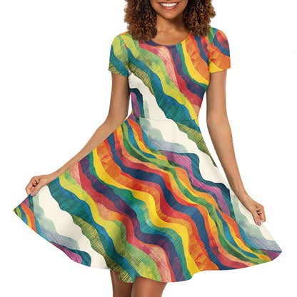Women Scoop Neck Short Sleeve Ruffle Dress