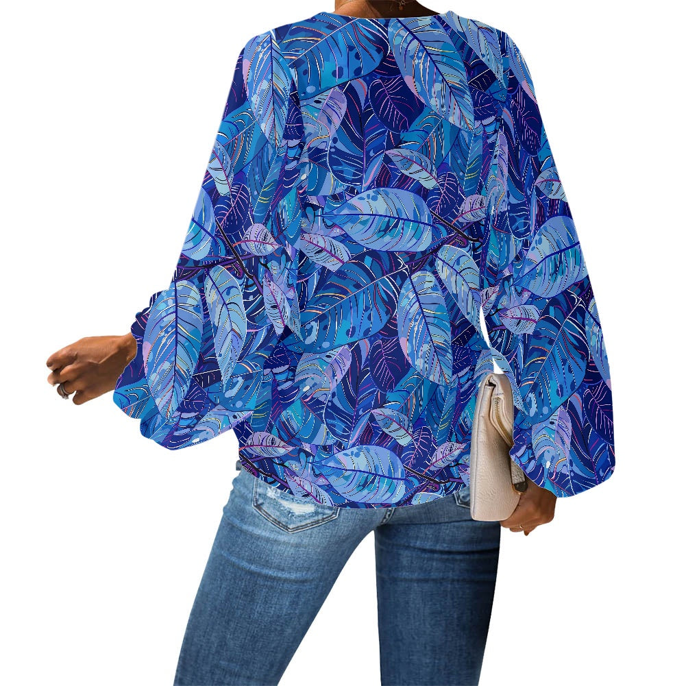 V-Neck Chiffon Puff Sleeve Blouse by Luxtrini