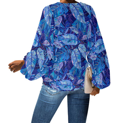 V-Neck Chiffon Puff Sleeve Blouse by Luxtrini