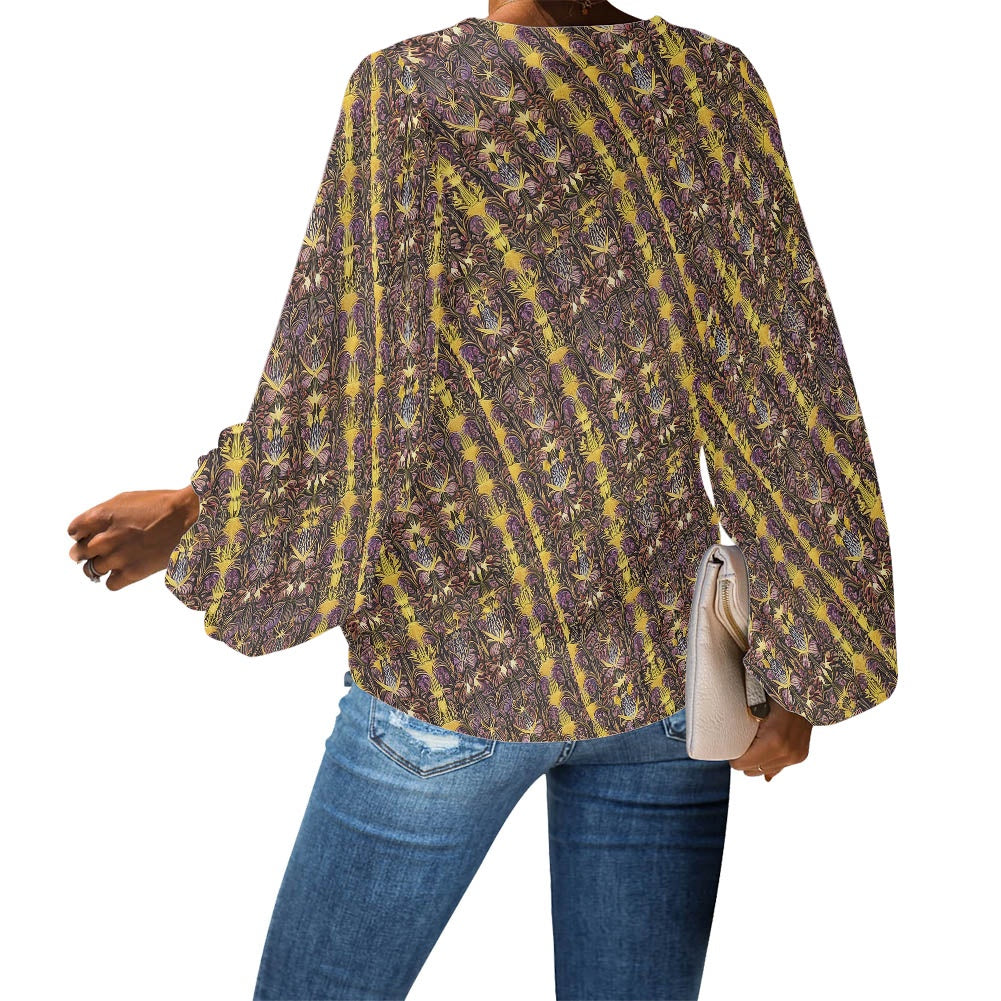 Art Nouveau Botanical Stripe V-Neck Chiffon Puff Sleeve Blouse by Luxtrini