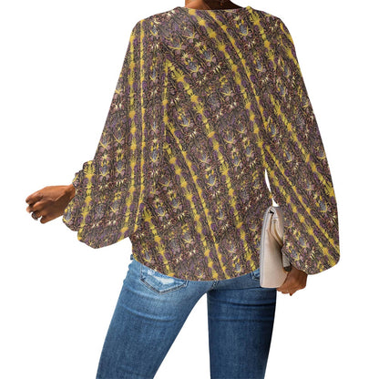 Art Nouveau Botanical Stripe V-Neck Chiffon Puff Sleeve Blouse by Luxtrini