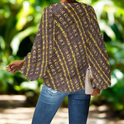 Art Nouveau Botanical Stripe V-Neck Chiffon Puff Sleeve Blouse by Luxtrini