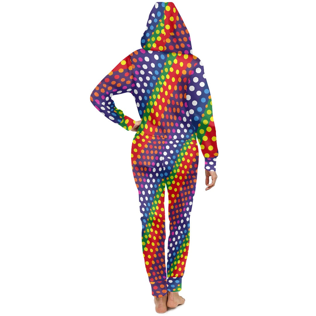 LGBTQ-Friendly Rainbow Polka Dot Women's Hooded Long Sleeve Jumpsuit by Luxtrini
