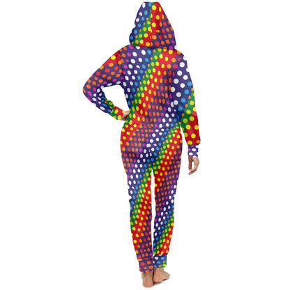 LGBTQ-Friendly Rainbow Polka Dot Women's Hooded Long Sleeve Jumpsuit by Luxtrini