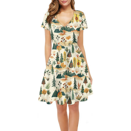 Women V-Neck Short Sleeve Ruffle Dress