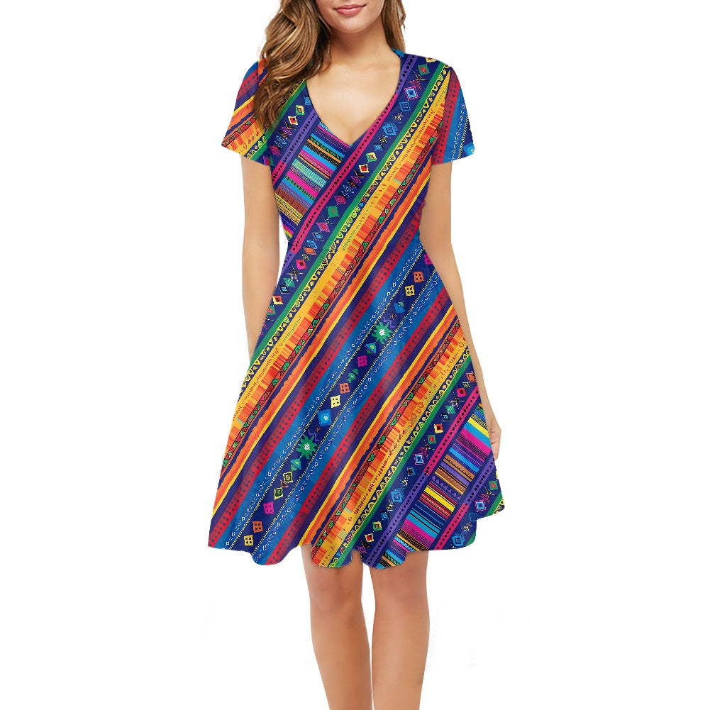 Women V-Neck Short Sleeve Ruffle Dress