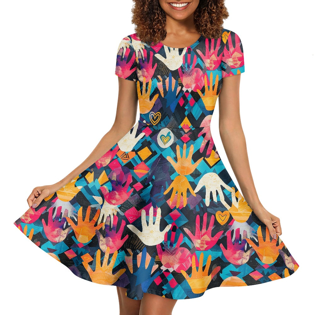 Women Scoop Neck Short Sleeve Ruffle Dress