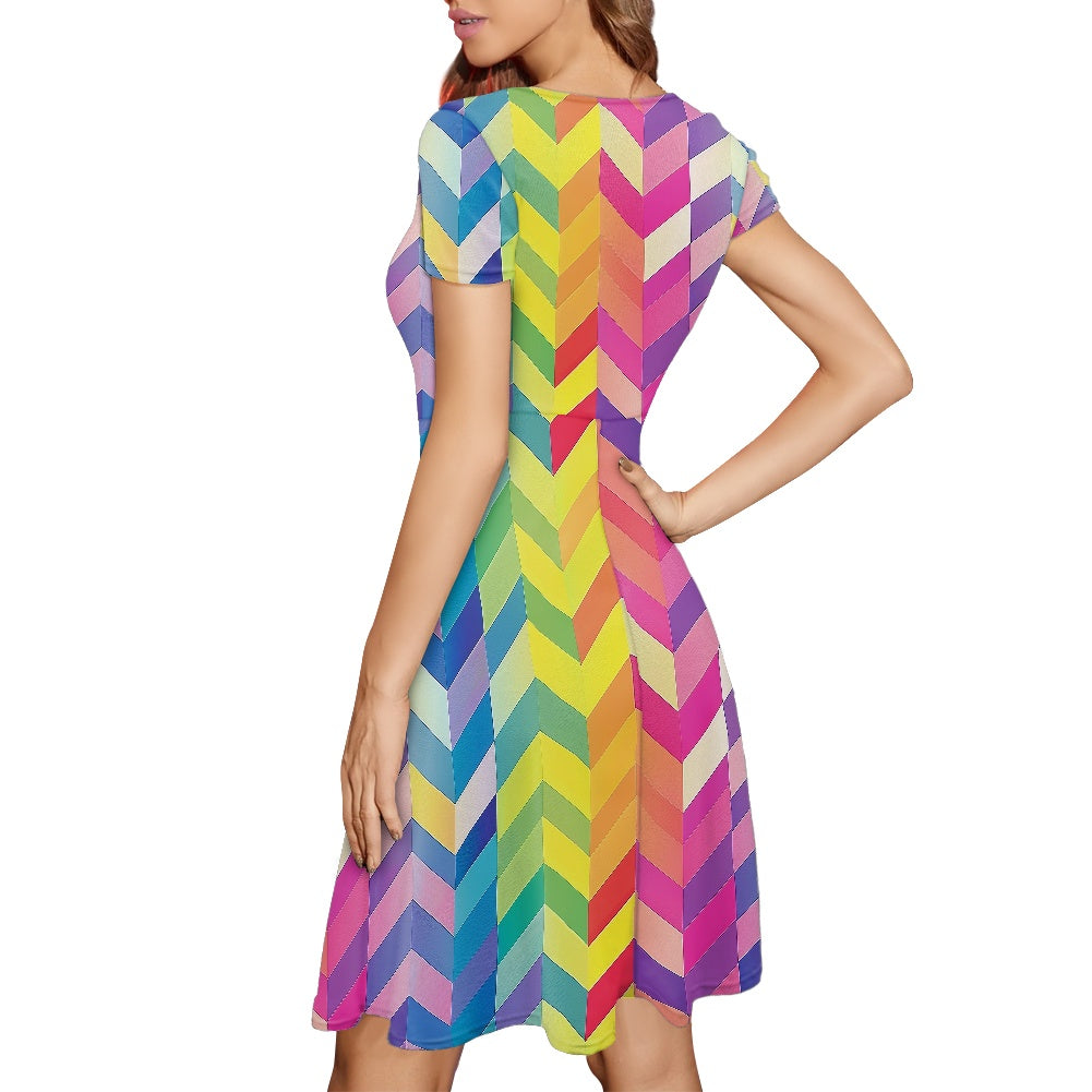Women Scoop Neck Short Sleeve Ruffle Dress