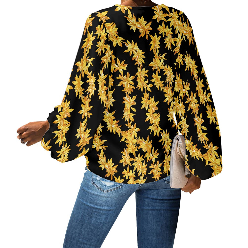 Tropical Black and Gold Lei V-Neck Chiffon Puff Sleeve Blouse by Luxtrini