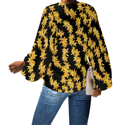 Tropical Black and Gold Lei V-Neck Chiffon Puff Sleeve Blouse by Luxtrini