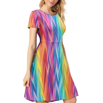 Rainbow Chevron Women Scoop Neck Short Sleeve Ruffle Dress