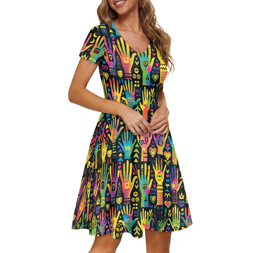 Women V-Neck Short Sleeve Ruffle Dress