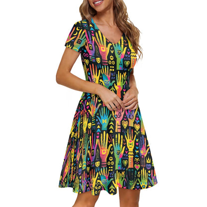 Women V-Neck Short Sleeve Ruffle Dress