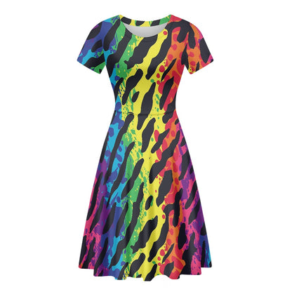 Women Scoop Neck Short Sleeve Ruffle Dress white