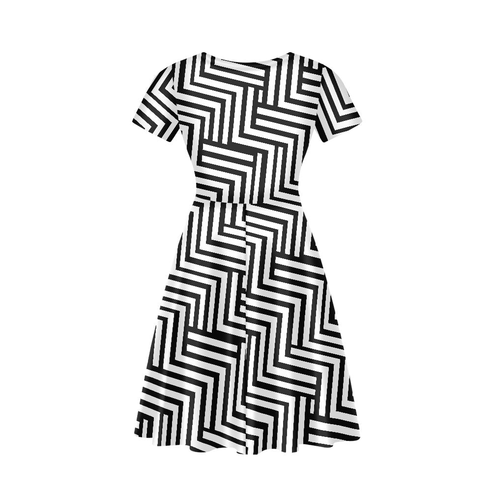 Black and White Chevrons Women V-Neck Short Sleeve Ruffle Dress