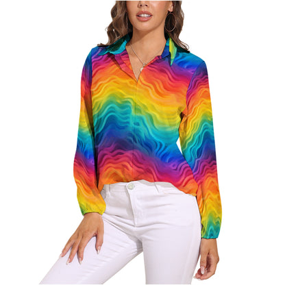 Rainbow Long Sleeve Blouse – Colorful V-Neck Button Down for Women, Pride Top, Lightweight Retro Shirt, Festival Ready