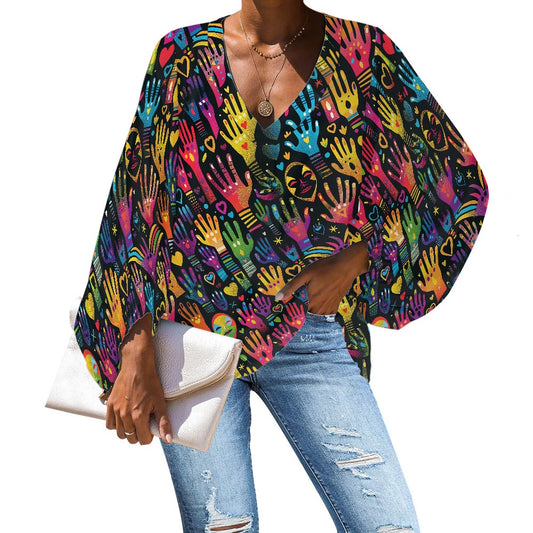 V-Neck Chiffon Puff Sleeve Blouse by Luxtrini 4XL