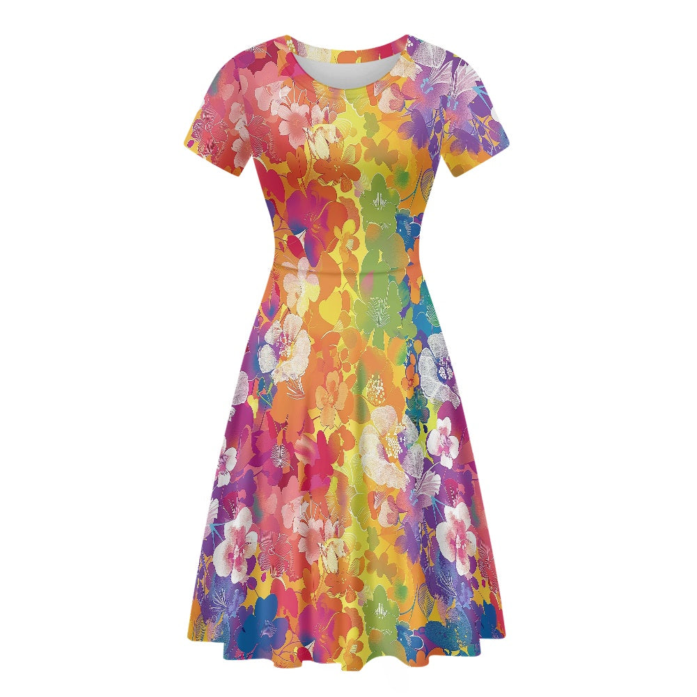 Women Scoop Neck Short Sleeve Ruffle Dress white