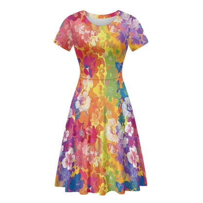 Women Scoop Neck Short Sleeve Ruffle Dress white