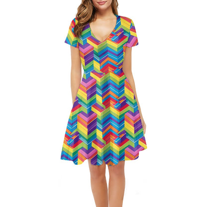 Rainbow Geometric Women V-Neck Short Sleeve Ruffle Dress