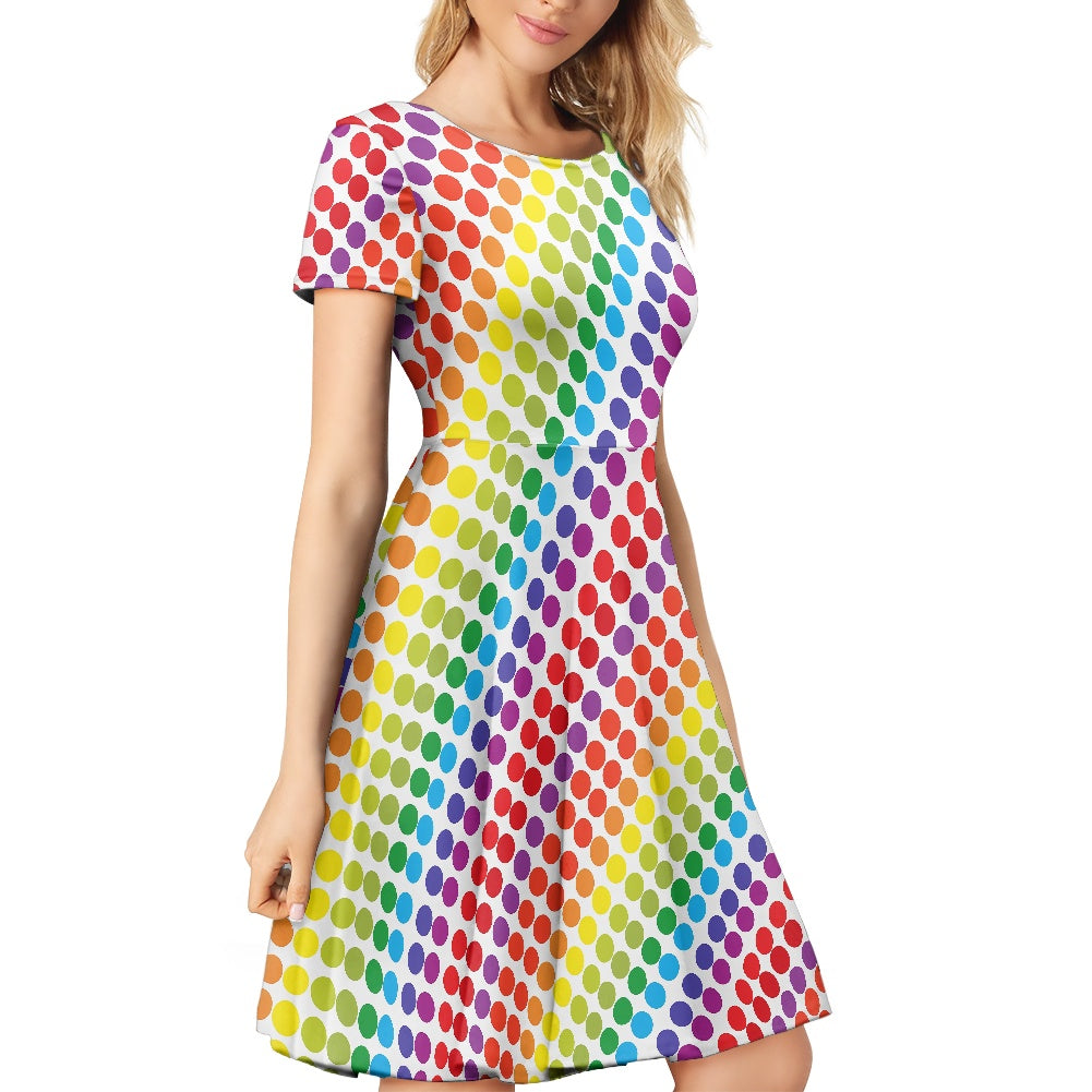Rainbow Polka Dot Women Scoop Neck Short Sleeve Ruffle Dress