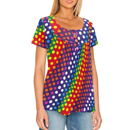 LGBTQ-Friendly Rainbow Polka Dot Casual Round Neck Short Sleeve T-shirt by Luxtrini