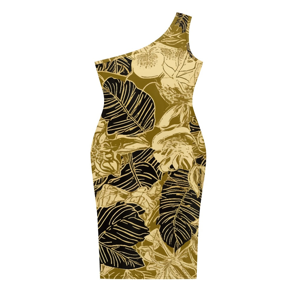 Discover Elegance: Luxtrini's One-Shoulder Slim Dress - Tropical Gold
