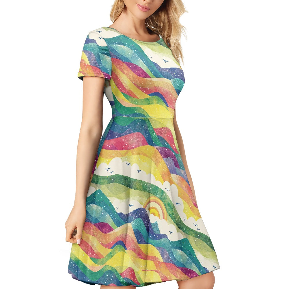 Women Scoop Neck Short Sleeve Ruffle Dress