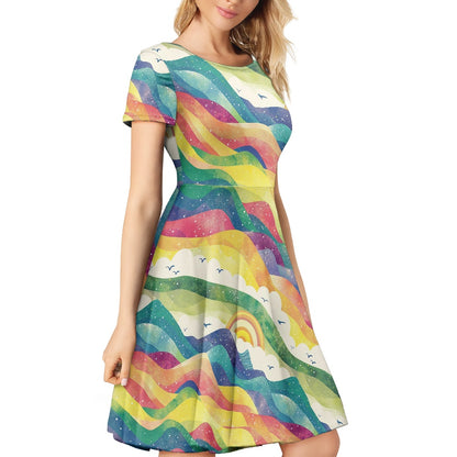 Women Scoop Neck Short Sleeve Ruffle Dress