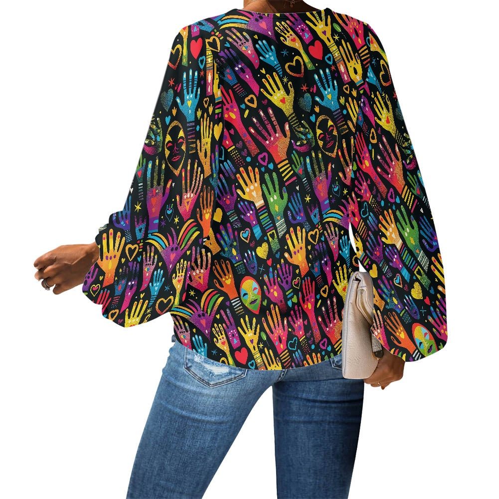 V-Neck Chiffon Puff Sleeve Blouse by Luxtrini
