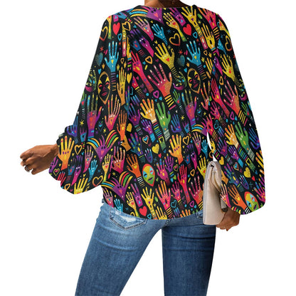 V-Neck Chiffon Puff Sleeve Blouse by Luxtrini