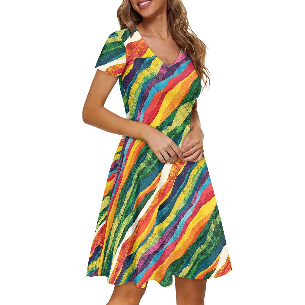 Wavy Rainbow Women V-Neck Short Sleeve Ruffle Dress