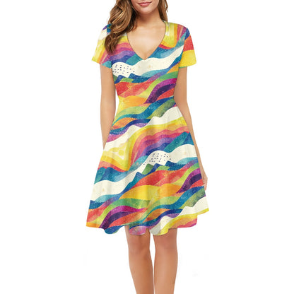 Women V-Neck Short Sleeve Ruffle Dress