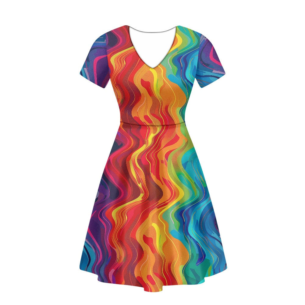 Women V-Neck Short Sleeve Ruffle Dress white