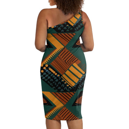 Discover Elegance: Luxtrini's One-Shoulder Slim Dress - Ethnic Abstract