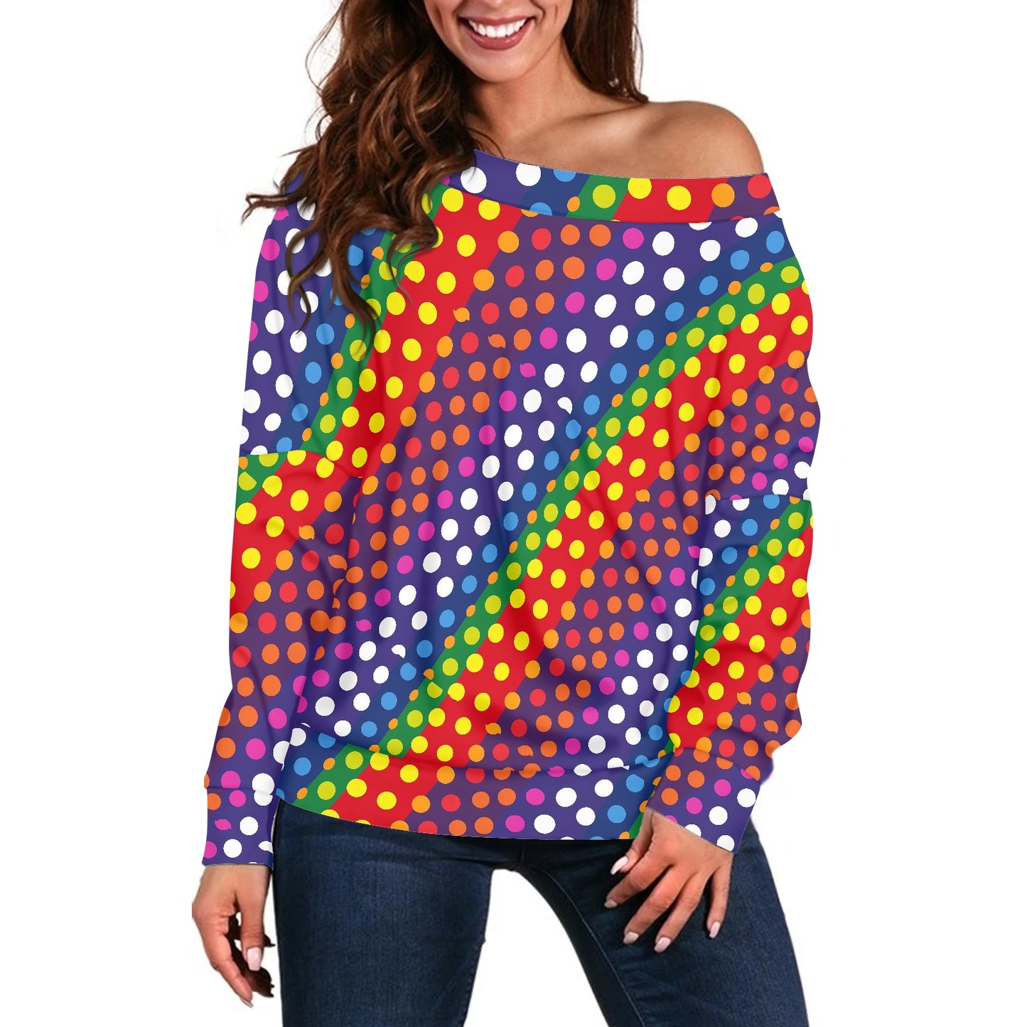 LGBTQ-Friendly Rainbow Polka Dot Trendy Off-The-Shoulder Oversized Top with Long Sleeves for Women by Luxtrini 4XL