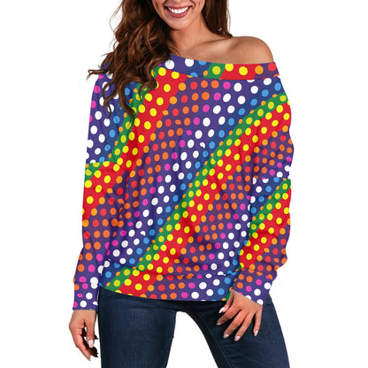 LGBTQ-Friendly Rainbow Polka Dot Trendy Off-The-Shoulder Oversized Top with Long Sleeves for Women by Luxtrini 4XL