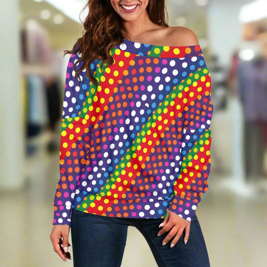 LGBTQ-Friendly Rainbow Polka Dot Trendy Off-The-Shoulder Oversized Top with Long Sleeves for Women by Luxtrini