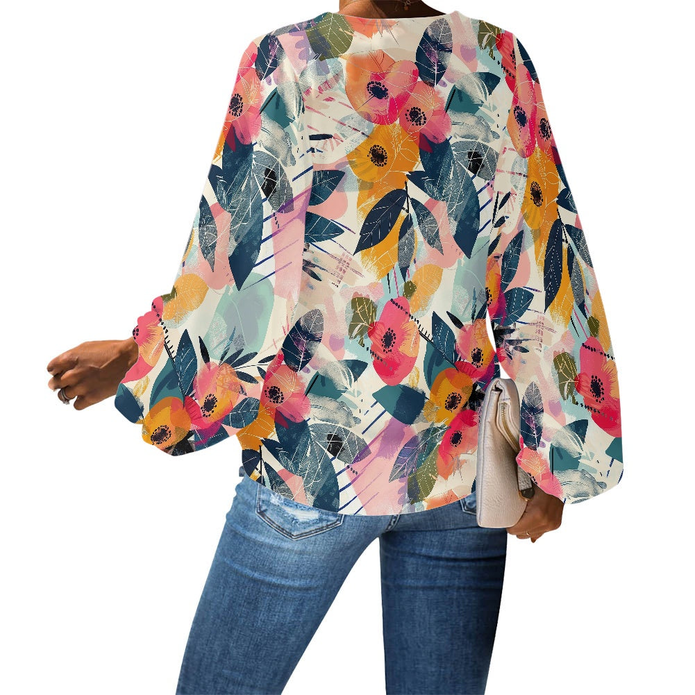 V-Neck Chiffon Puff Sleeve Blouse by Luxtrini