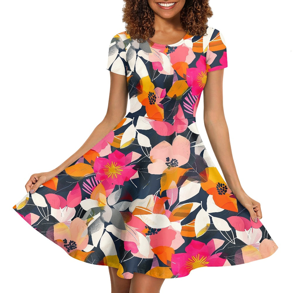 Women Scoop Neck Short Sleeve Ruffle Dress