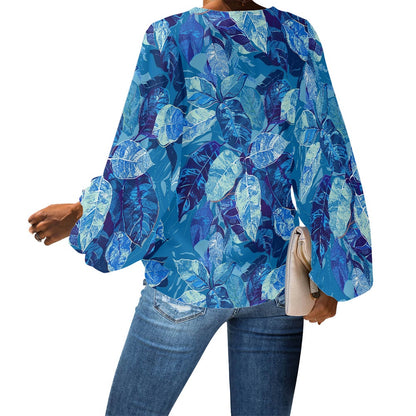 V-Neck Chiffon Puff Sleeve Blouse by Luxtrini
