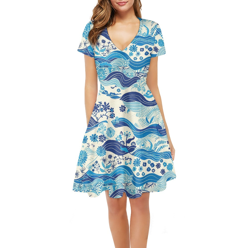 Blue Ocean Women V-Neck Short Sleeve Ruffle Dress