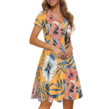 Women V-Neck Short Sleeve Ruffle Dress